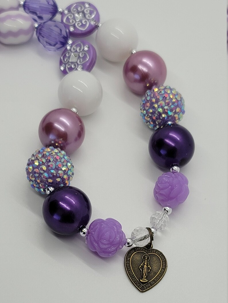 Miraculous Medal Little Girls Necklace, Catholic Heart Shaped Medal, Unique Catholic Gift Purple