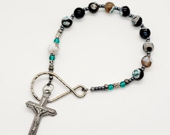 Rosary One Decade On The Go Travel Rosary, Natural Agate Stone Catholic Rosary, Gunmetal Finish Crucifix Car Rosary