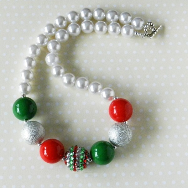 Collar de goma de mascar de Navidad tamaño de niño, rojo verde plata niños chunky perlas, niñas collar de vacaciones