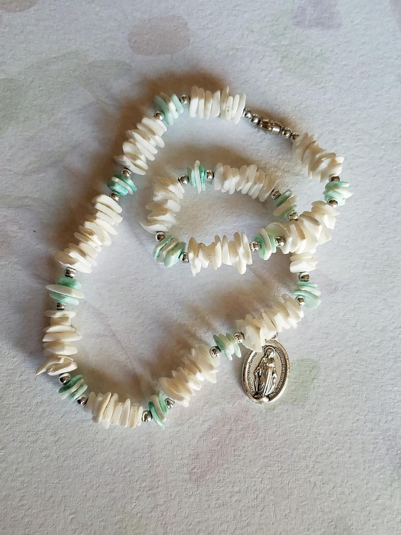 Puka Shell Necklace, Miraculous Medal, Catholic Jewelry Necklace, Mother Mary Catholic Teen Gift image 5