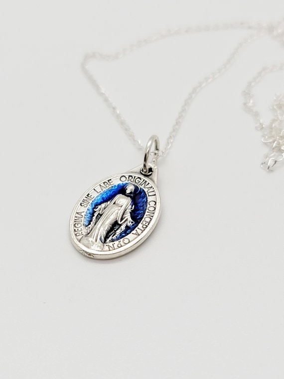 Blue Enamel Miraculous Medal on 18 Chain | Discount Catholic Products