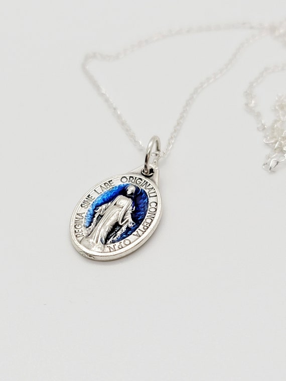Miraculous Medal Sterling Silver Chain Necklace Blue Enamel