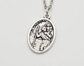 St Christopher Catholic Medal Stainless Steel Chain Necklace, Catholic Medal Necklace, Name Sake, Patron Saint of Travelers