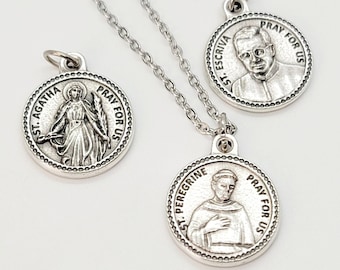 St Agatha Patron of Breast Cancer, St Escriva Patron of Diabetes or St. Peregrine Patron of Cancer Silver Medal, Catholic Necklace