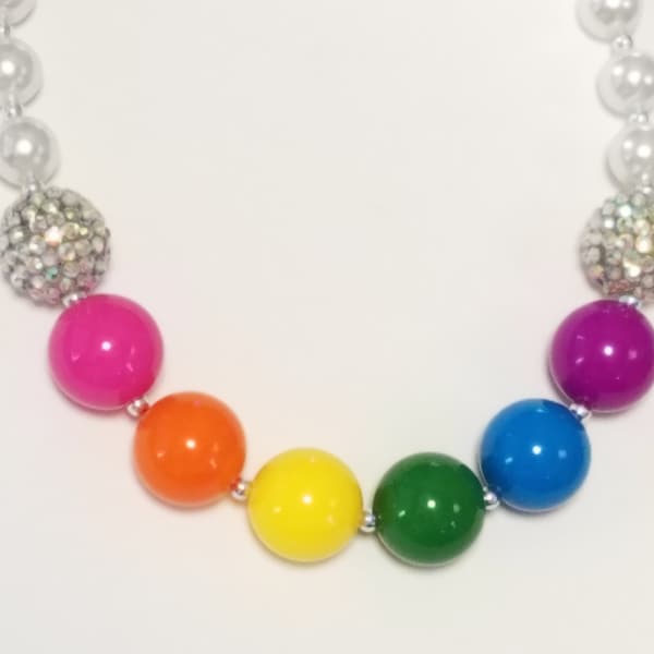 Rainbow Color Little Girls Chunky Bubblegum Necklace, Chunky Bead Rainbow Necklace