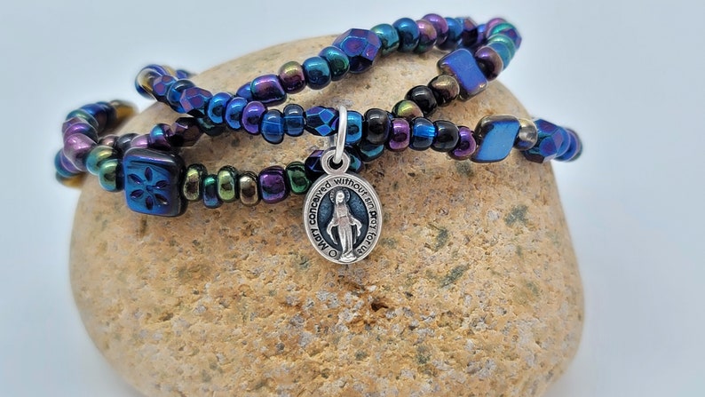 Miraculous Medal Stacking Bracelets Set of Three, Catholic Stackable Bracelets, Mother Mary Tiny Medal image 2