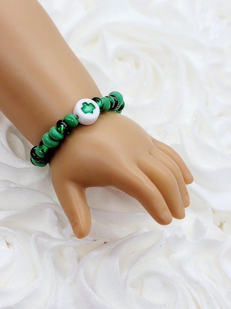 18 inch Doll Jewelry, St. Patrick's Day Doll Accessories, 18 in Doll Clover Bracelet, Green Shamrock Bracelet image 7