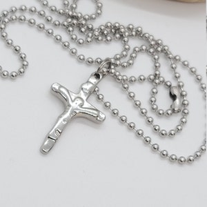 Stainless Steel Crucifix on 24 inch ball chain, Cross Charm Catholic Necklace, Hypoallergenic