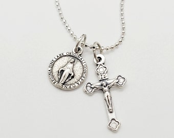 Crucifix and Miraculous Medal Catholic Gift, Necklace With Gift Box