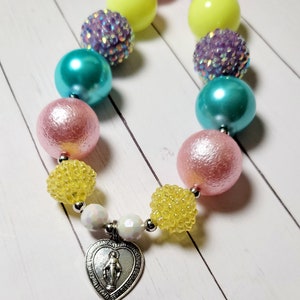 Miraculous Medal Little Girls Necklace, Catholic Heart Shaped Medal, Unique Catholic Gift Multi Color