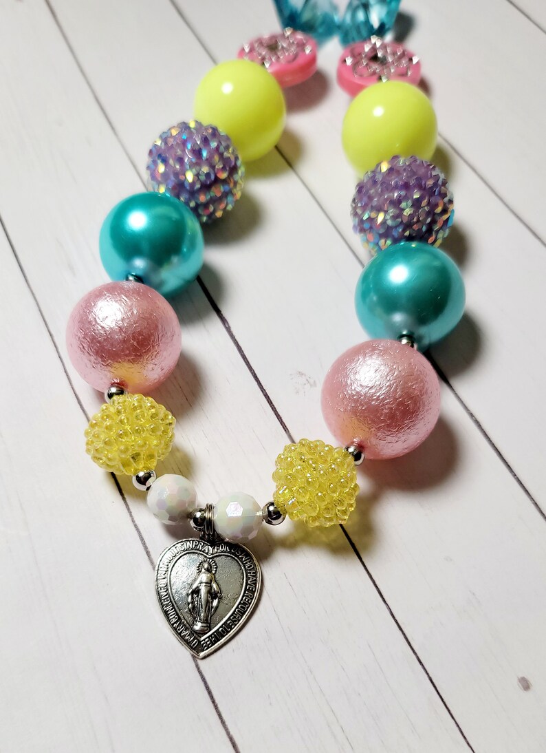 Miraculous Medal Little Girls Necklace, Catholic Heart Shaped Medal, Unique Catholic Gift Multi Color