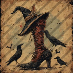 Pode incluir: Ilustração de uma bota e chapéu de bruxa com corvos. A bota alta com cadarços vermelhos tem um salto alto. O chapéu preto é adornado com uma fita e uma pena. Vários corvos pretos e morcegos estão espalhados.