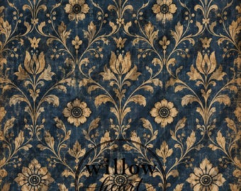 Vintage Blue Damask Digital Paper Antique Primitive Printable Rustic Floral Background Dark Blue Scrapbook Paper