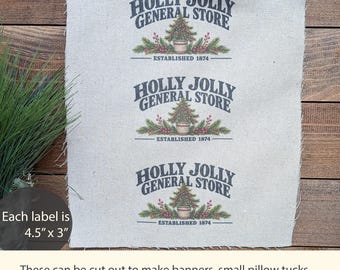 Primitive Christmas Fabric Panel, Holly Jolly General Store Print, Vintage Christmas Tree Fabric, Rustic Farmhouse Holiday Decor