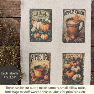 Primitive Fall Labels Apple Cider Labels Fabric Primitive Sewing Ornies Prints on Fabric Craft Labels for Sewing Primitive Craft Fabric