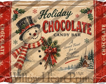 Vintage Christmas Snowman Chocolate Candy Bar Digital Download | Primitive Christmas Printable | Retro Holiday Image