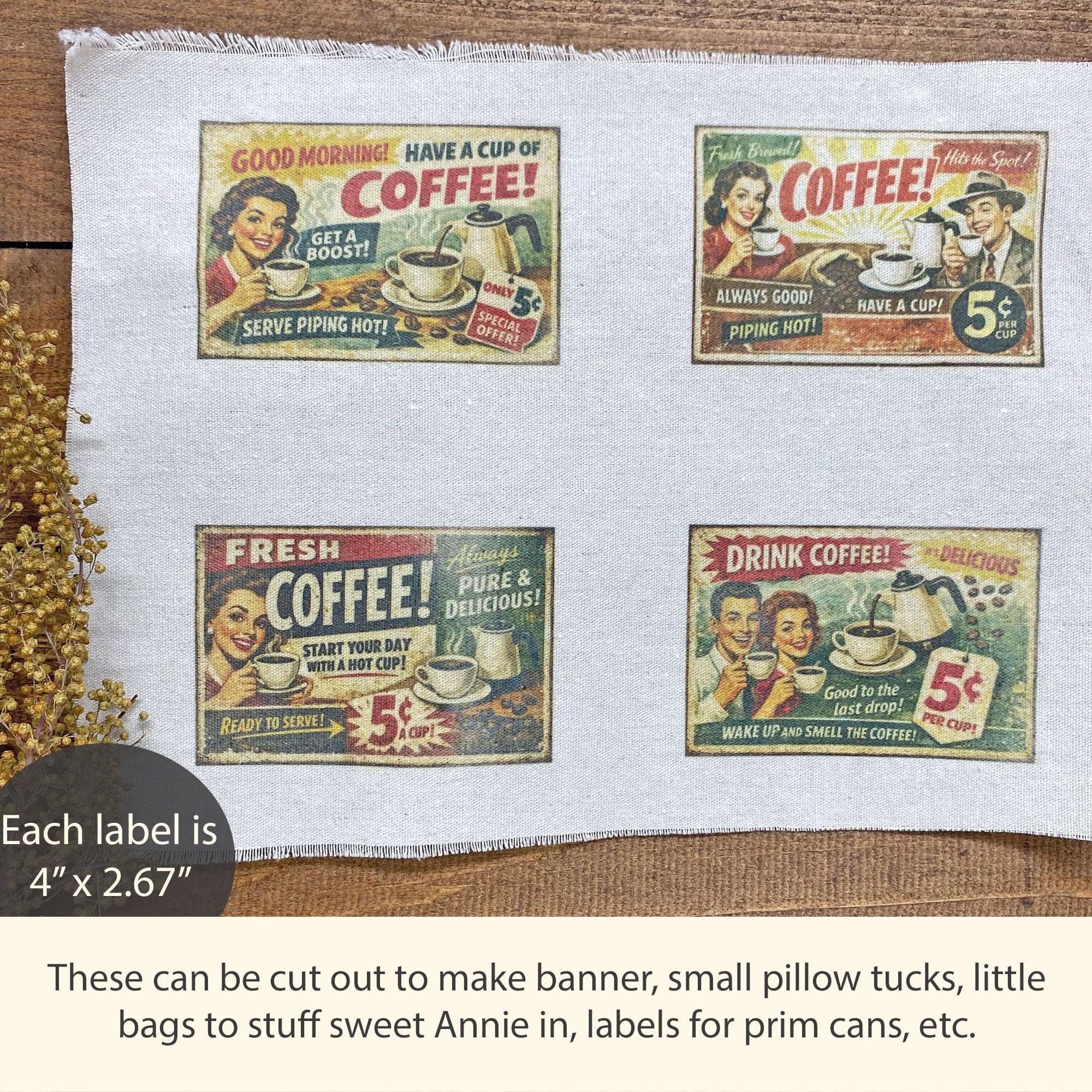 Rustic Coffee Labels Primitive Vintage Coffee Fabric Label Tags Country Kitchen Labels ...