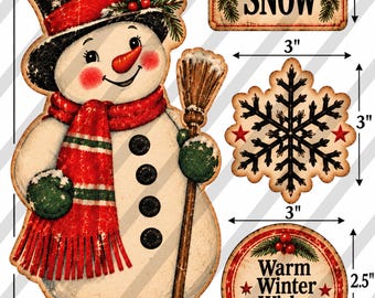 Primitive Snowman Christmas Digital Download, Vintage Snowman Cutouts, Let It Snow Printable, Winter Wishes Ephemera