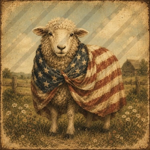 May include: A vintage-style image of a sheep draped in an American flag. The sheep stands in a field of wildflowers, with a fence and a barn in the background. The flag features red and white stripes and blue with white stars.