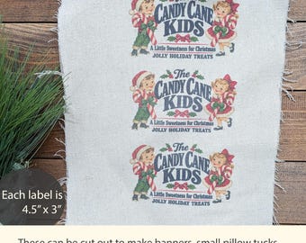 Vintage Christmas Fabric Panel, Primitive Candy Cane Kids Print, Retro Christmas Fabric, Country Holiday Craft Supplies