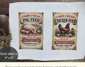 May include: Two rectangular fabric labels measuring 4 inches by 6 inches each. The left label features a pig and piglets with the text FARM FRESH PIG FEED ANDERSON FARM CO. The right label shows a chicken with the text FARM FRESH CHICKEN FEED WILSON FARM CO.
