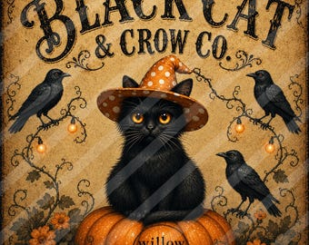 Vintage Primitive Halloween Image Black Cat & Crow Co Pumpkin Crows Antique Witch Cat Rustic Fall Decor Digital Design