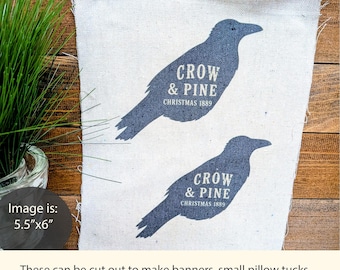 Primitive Crow Christmas Fabric Panel, Vintage Christmas Sewing Fabric, Rustic Farmhouse Decor Rustic Winter Decor
