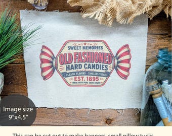 Vintage Peppermint Stick Candy Fabric Panel, Primitive Christmas Fabric, Old Fashioned Christmas Decor, Sublimated Cotton Blend