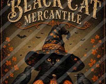 Vintage Primitive Halloween Black Cat Mercantile Crows Pumpkins Antique Fall Decor Witch Hat Digital Download