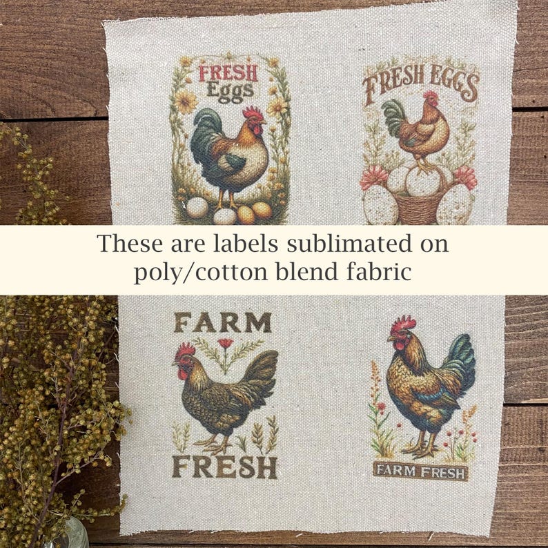 Primitive Fabric Labels, Chicken Prints on Fabric, Farm Fresh, Fresh eggs, Chicken images Vintage fabric label Farmhouse Chicken print DIY Sewing Crafter