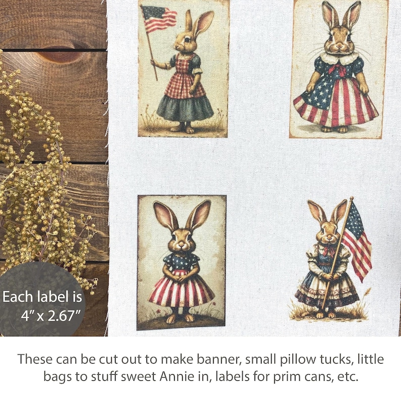 Green Rabbit Rectangle Label Vintage Primitive Rabbit Fourth of July Fabric Labels Farmhouse ...
