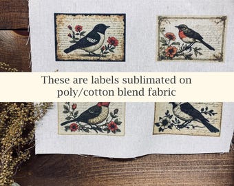 Vintage Birds Spring Fabric Labels Primitive Birds on Branch Sublimated Tags Neutral Summer Crafts