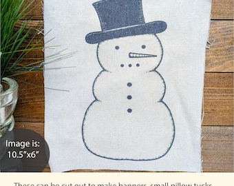 Vintage Primitive Snowman Fabric Panel, Prim Christmas Winter Fabric, Old Fashioned Holiday DIY Decor Sewing Craft