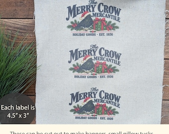 Primitive Christmas Crow Fabric, Vintage Black Crow Print, Rustic Farmhouse Holiday Fabric Panel, Country Christmas Craft Material