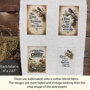 May include: Four rectangular fabric labels printed on a light beige cotton blend fabric. Each label features religious text and bird or floral illustrations. The labels measure 4 inches by 2.67 inches and have a faded, vintage appearance.
