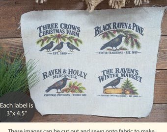 Primitive Christmas Crow Fabric Labels, Vintage Raven Sublimation Fabric, Rustic Country Christmas Craft Supplies