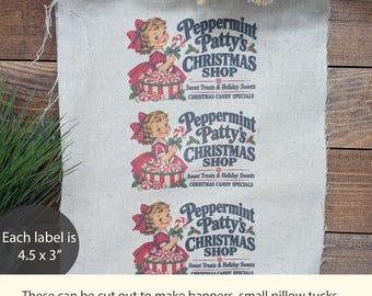 Vintage Christmas Fabric Panel, Peppermint Patty's Christmas Shop, Primitive Christmas Girl Print, Retro Holiday Fabric