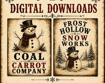 Primitive Snowman Printable Set Vintage Winter Signs Digital Downloads Farmhouse Christmas Instant Download