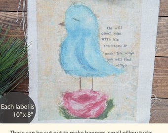 Vintage Blue Bird Fabric Art, Nesting Bird Print, Primitive Cottage Decor, Hand Painted Style Bird Artwork, Sublimated Cotton Blend
