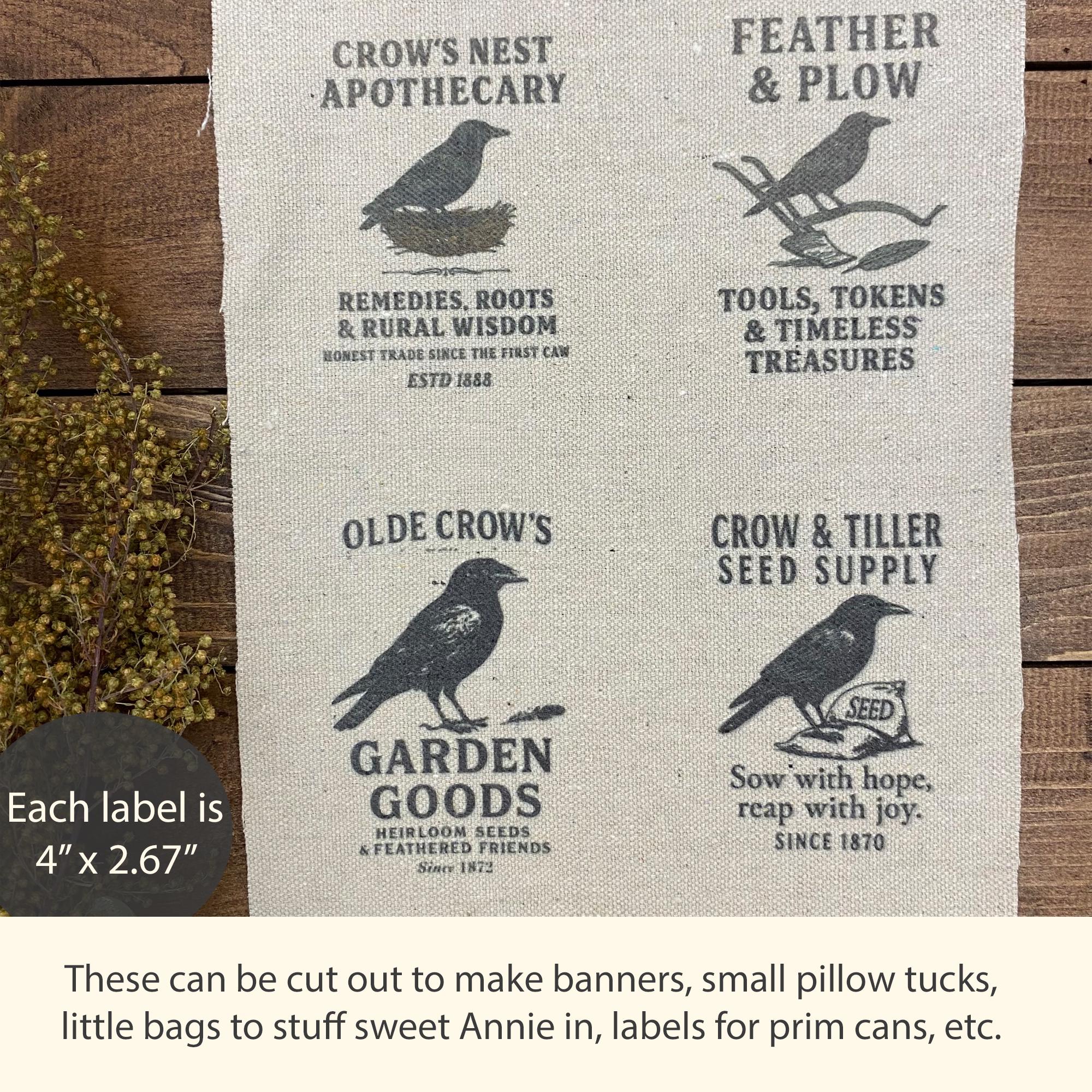 Primitive Crow Prints on Fabric Everyday Pantry Labels Vintage Sewing ...