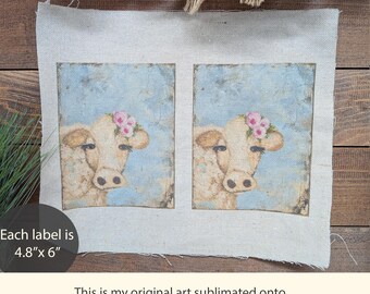 Primitive Cow Fabric Labels, Vintage Farmhouse Cow Art, Sublimation Printed Cotton Blend Fabric, Rustic Country Craft Supplies
