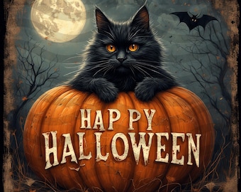 Primitive Cat Halloween  Pumpkin Printable Decoupage Primitive Fall Pumpkin Digital  Download Primitive Jack-o-lantern Decoupage Print
