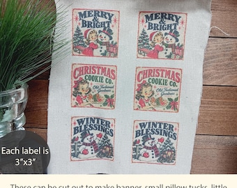 Primitive Christmas Fabric Panel, Vintage Christmas Labels, Merry & Bright, Christmas Cookie Co, Winter Blessings, Snowman Fabric