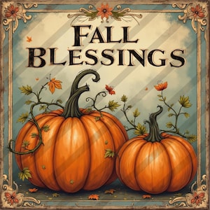 May include: A vintage-style illustration features two orange pumpkins with green stems and vines, set against a backdrop with the words "FALL BLESSINGS." The artwork has a rustic, autumnal theme, with decorative floral elements and a distressed border.