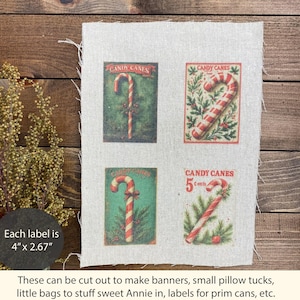 May include: Four vintage-style candy cane labels on a linen background. Each label, measuring 4" x 2.67", features a red and white striped candy cane with the text "CANDY CANES". Some labels include sprigs and berries.
