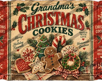 Vintage Christmas Cookie Digital Download Primitive Holiday Cookie Print Retro Christmas Grandma's Christmas Cookies
