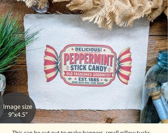 Vintage Peppermint Stick Candy Fabric Panel, Primitive Christmas Fabric, Old Fashioned Christmas Decor, Sublimated Cotton Blend