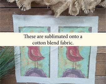 Primitive Red Bird Fabric Labels, Vintage Folk Art Bird Fabric, Inspirational Art Rustic Country Craft Supplies