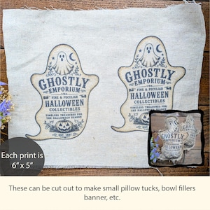 Primitive Ghost Halloween Fabric Panel, Vintage Ghostly Emporium Label, Halloween Bowl Filler, DIY Pillow Tuck, Farmhouse Decor
