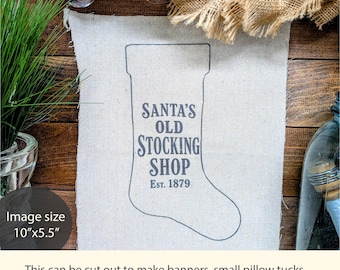Primitive Christmas Stocking Fabric, Santa's Old Stocking Shop, Vintage Christmas Panel, Holiday Sewing Fabric